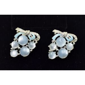 1930's Enamel Rhinestones & Blue Moonglow Cabochons Scarf Fur Clip Signed Duette